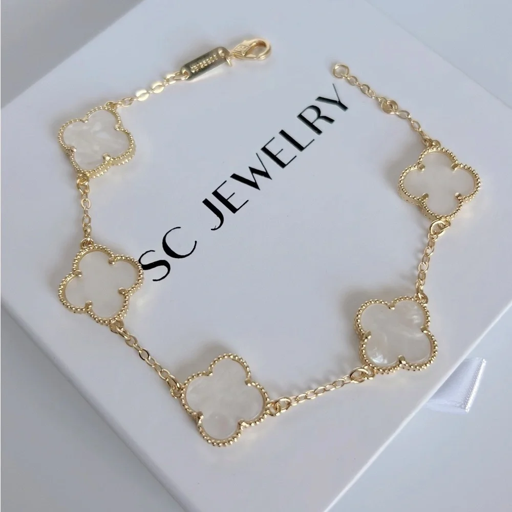 Clover Bracelet Mother of Pearl 14k Gold Plated Luxury Bracelet - Picture 4 of 11